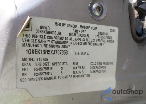 1999 GMC Yukon Sle из США, поврежденный, VIN 1GKEK13R5XJ707863